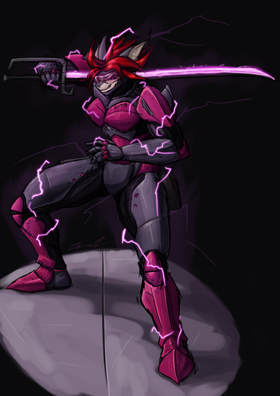Elwyna in her slightly battle worn power armor and trusted blade.