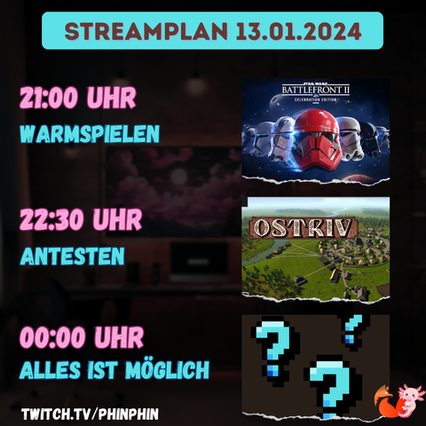 Mein Streamplan für kommenden Samstag.
21:00 Uhr Battlefront II
22:30 Ostriv
00:00 Alles ist möglich