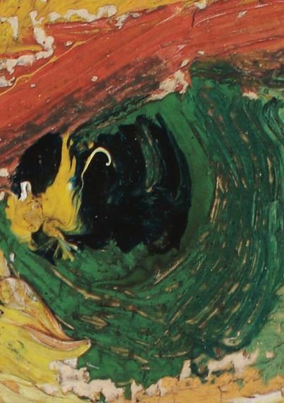 close-up of van Gogh's eye in green, black, yellow and red