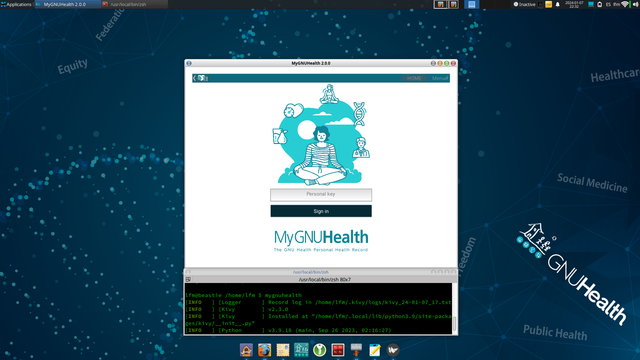MyGNUHealth Personal Health Record running on Kivy 2.3.0, Python 3.9.18 and FreeBSD 14, with XFCE desktop