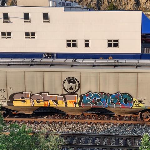 Train car with graffiti rolling through Kamloops BC Canada