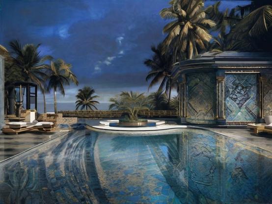 Brooding sky above a luxurious pool with mosaic tiles and palm trees, capturing the calm before a storm. Watercolor Style.
