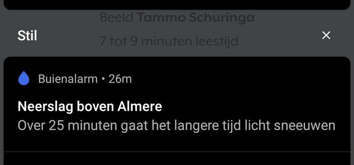 Stil

Buienalarm 26m

Neerslag boven Almere
Over 25 minuten gaat het langere tijd licht sneeuwen