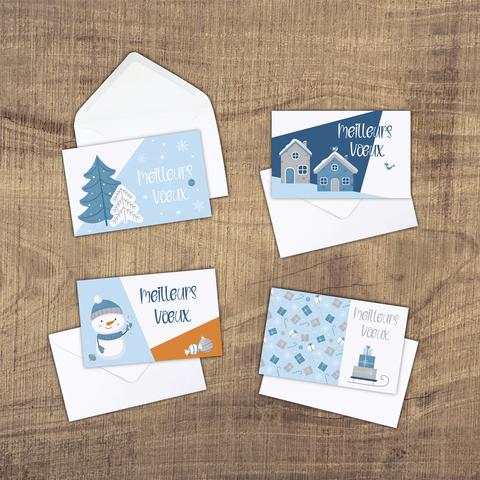 Cartes de vœux 4 modèles au choix aux motifs de bonhomme de neige, de maison, de sapins, de flocons ou de traineau avec des cadeaux. A retrouver dans notre boutique en ligne : ernestine-etcie.fr
