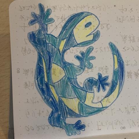 ダイカットポストカードの破砕タイル柄トカゲを色鉛筆で真似て描いてみた。