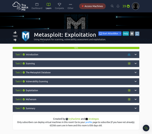 Screenshot of the completed Metasploit:Exploitation room on tryhackme.com