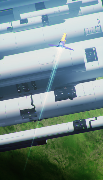 Scifi scene depicting a spaceship flying past large orbital tub like structures. The spaceship is in the foreground while in the background can be seen a planet of vibrant green.