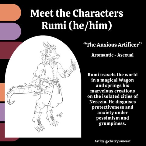 Meet the Characters, Rumi (he/him). Portrait of a lizard humanoid with work clothes and an utility belt full of tools. Extra text says "The Anxious Artificer", aromantic and asexual. Rumi travels the world in a magical Wagon and springs his marvelous creations on the isolated cities of Nerezia. He disguises protectiveness and anxiety under pessimism and grumpiness.