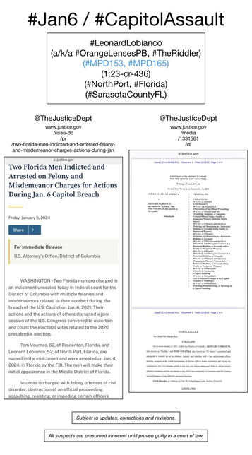 Screenshot of Justice Department press release and court document, both pertaining to January 6th riot suspect Leonard Lobianco (North Port, Florida). to