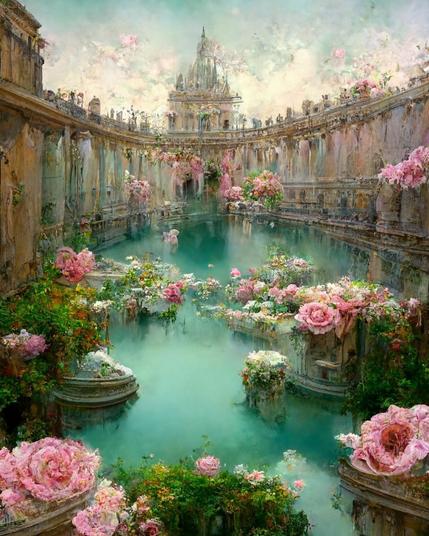 The setting is a beautiful city with white architecture, pillars all around in a fantasy / Roman-esque style, with pink and white flowers growing everywhere. A few boats are floating in the water (with pink flowers around and on them) that can be found here. The entire floor of the castle or cathedral's courtyard is beautiful blue water. There's a beautiful cloud-covered sky up above.
