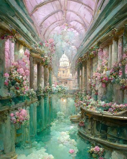 The setting, inside, is a beautiful city with white architecture, pillars all around in a fantasy / Roman-esque style, with pink and white flowers growing everywhere. There's a light baby-pink ceiling above. A few boats are floating in the water that can be found here. The entire floor of the cathedral's building is beautiful blue water.  There's a beautiful reflection of everything around on the water's surface.