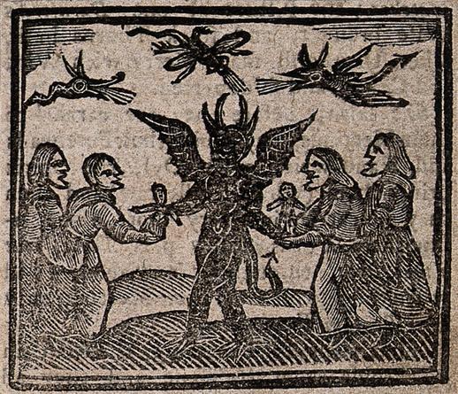 Witchcraft: witches giving babies to the devil. Woodcut, 1720