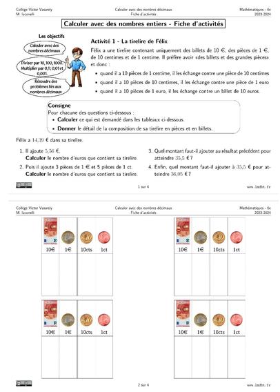 Copie d'écran des deux premières page d'activités. Il y a sur la deuxième page des tableaux avec des images de billets et de pièces en euro.