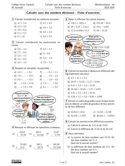 Première page d'exercices sur les calculs avec les nombres décimaux et des dialogues pour rappeler certaines notions.