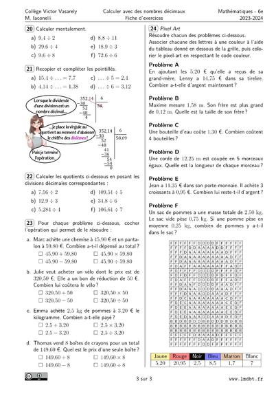 Troisième page d'exercices sur les calculs avec les nombres décimaux et un dialogue sur la division décimale et un pixel art.