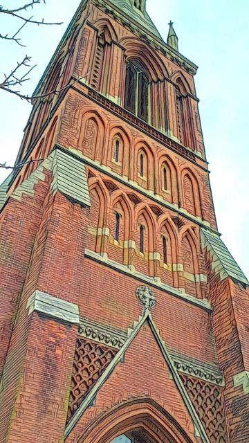 A hybrid of photo and line drawing. Brick red church tower. 8 thin arches in 2 rows halfway up, 6 with small windows. Above is a larger stained glass arched window before the tower on top