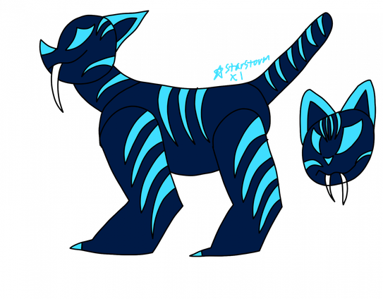 A blue sabertooth tiger with cyan stripes. On the right is their blob form