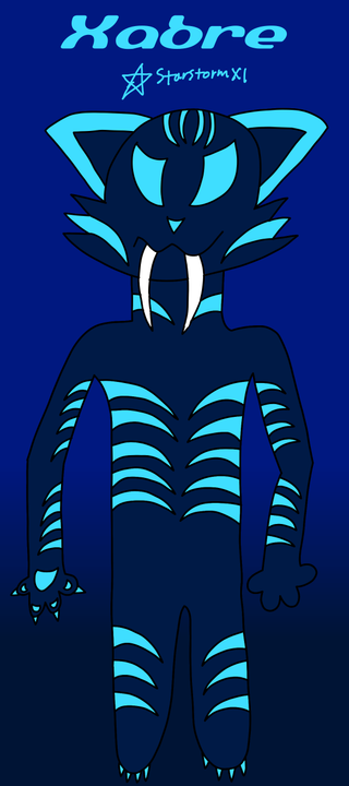 On a blue background, a blue sabertooth-like cat with cyan stripes stands. Above them is "Xabre" and my artist signature