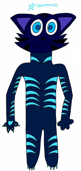 The same cat from the previous pic unmasked to reveal a dark blue cat with purple ears and light blue eyes