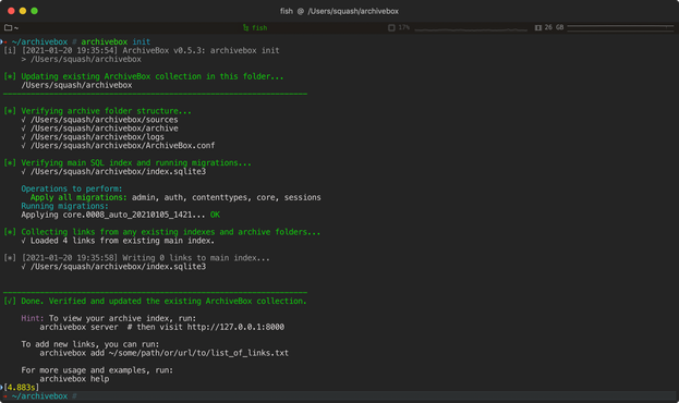 Screenshot of the command-line interface of ArchiveBox running
