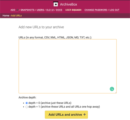 Screenshot of the ArchiveBox web interface dialogue to add a list of URLs to crawl