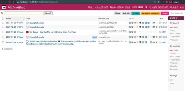 Screenshot of the ArchiveBox web interface listing pages previously archived