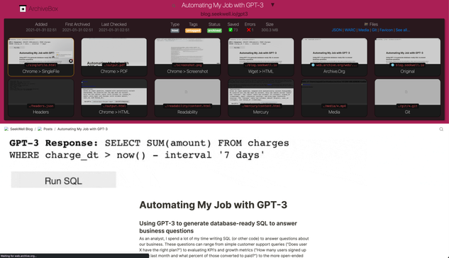 Screenshot of the ArchiveBox web interface showing an archived article with some metadata to view as webpage or in various archived formats to choose from (SingleFile, PDF, Screenshot, Wget-HTML, Archive.org, Headers, Chrome-HTML, Readability, ...)