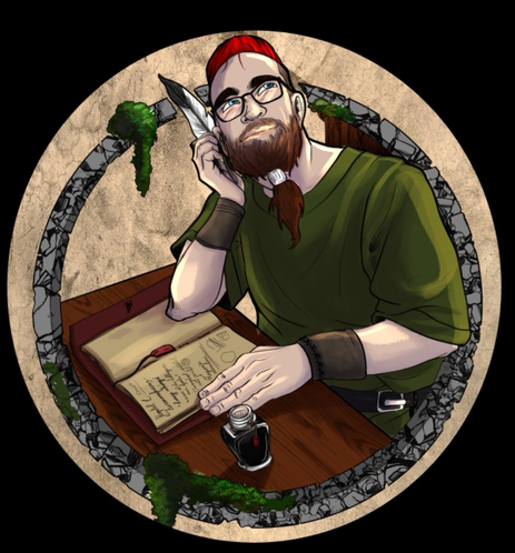 Mann mit grüner Tunkia sitz verträumt nach oben blickend an einem Holzschreibtisch. Ein Notizbuch liegt vir ihm. Eine Schreibfeder hält er in der rechten Hand. Tintenfass auf dem Tisch. Er trägt einen Vollbart, Brille, Undercut und das Haupthaar rot.
