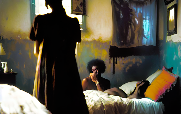 a faux photographic painterly rendering of humanoid individuals in a modest bedroom, one turned away and mostly silhouetted, illuminated by natural light