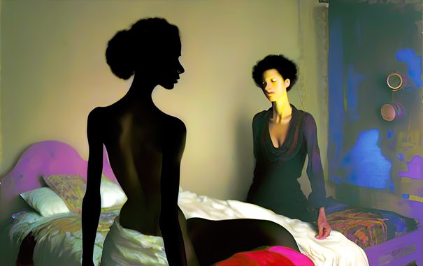a faux semi-photographic illustration of two humanoid individuals in conversation in an modest bedroom on either side of a bed. One is seen largely from behind and the other from the front.