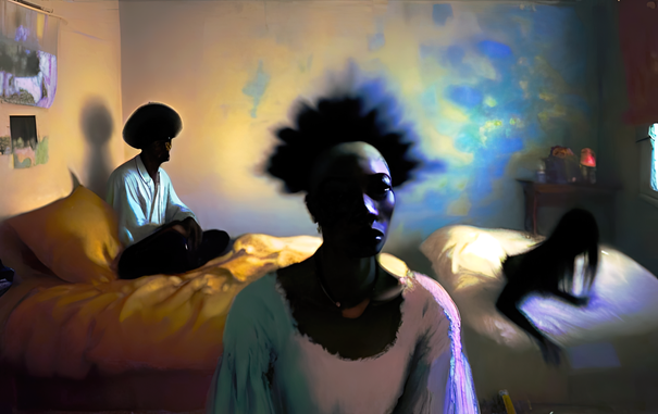 a semi-photographic rendering of a few humanoid individuals in a modest bedroom in various states of focus illuminated by sideways light from a window
