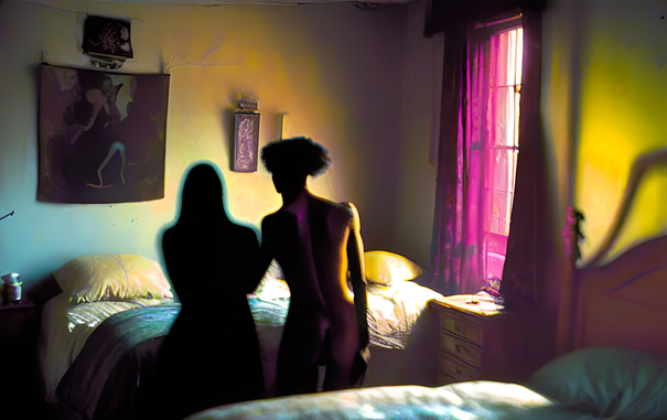 a faux low-quality semi-photographic rendering of an unclothed humanoid individual and a shadowy companion in a modest-seeming bedroom with largely horizontal lighting