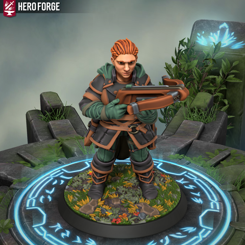 A female Dwarf tracker standing in the middle of a forest and holding a crossbow in both hands.