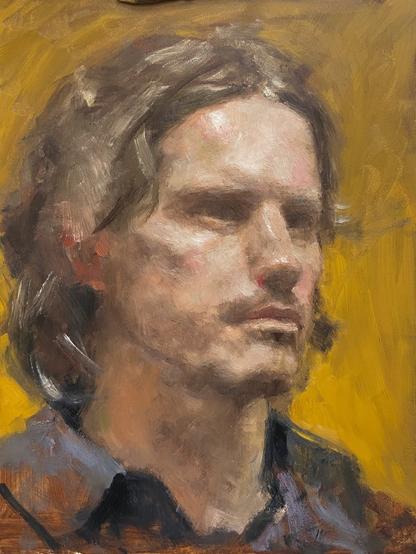 It is an Oilpainting depicting a yellow background on which is a face of a man with long hair and a bit of a mustache.