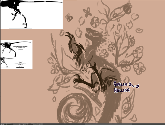 screenshot of a sketch that i'm working on. it shows a feathered raptor/microraptor kind of dinosaur, frolicking in some cherry blossom branches while trying to catch some bees. It looks mischievous and joyful at the same time.