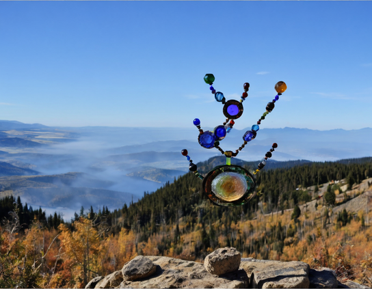 Colorful future technology antenna built with glass orb components and wires, set against a scenic mountain backdrop with mist-filled valleys.