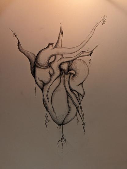 An anatomical heart, sketched in a freeflowing way, each vein terminating in a rough, ragged, almost torn kind of way, but carefully twisted into a sigil and terminated with a single dot.
