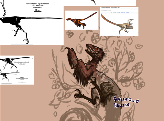 work in progress of a happy little microraptor/raptor in the midst of a branch with flowers, trying to catch some bees.