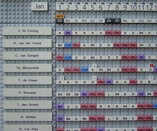 Photo of a Lego Modulex plan board with peoples names in Dutch in a column.