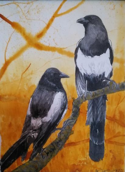 A yellow and black ink painting of a pair of magpies against a dreamy, misty background.