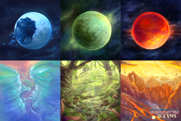 Concept art for three planets from Second Star - Takaroa (blue with a giant meteor hole), Banyan (green and covered in thick gases), and Irkalla (rocky volcanic orange). Image includes a view of each planet from space as well as a concept of the surface aesthetic.