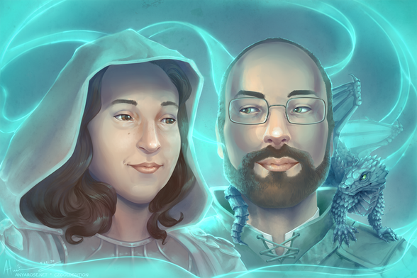 Portrait of two people wearing fantasy garb, On the left is a woman with long dark hair and brown eyes with a hooded cloak. On the right, a man with blue-green eyes, glasses, and a beard wearing a ranger outfit. A small blue dragon perches on the man's shoulder.