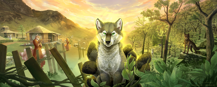 Painting of a nine-tailed wolfsune close to the 'camera', physically seated between the worlds of a kitsune village and a wild forest wolf pack. Both a couple of the kitsune and the wolves are looking at her with curiosity. She is illuminated by warm yellow-orange light and looks very confident about and comfortable in her unique position.