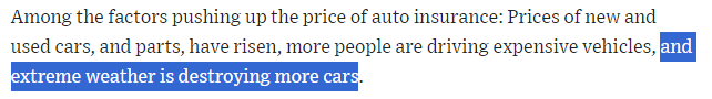 Among the factors pushing up the price of auto insurance: Prices of new and used cars, and parts, have risen, more people are driving expensive vehicles, and extreme weather is destroying more cars.