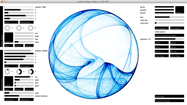 Screenshot of the identity generator app showing the strange attractor particle system in the center (preview here visualized via ~5 million blue particles). Various UI controls for design parameters, colors and render configurations are on either side of the screen