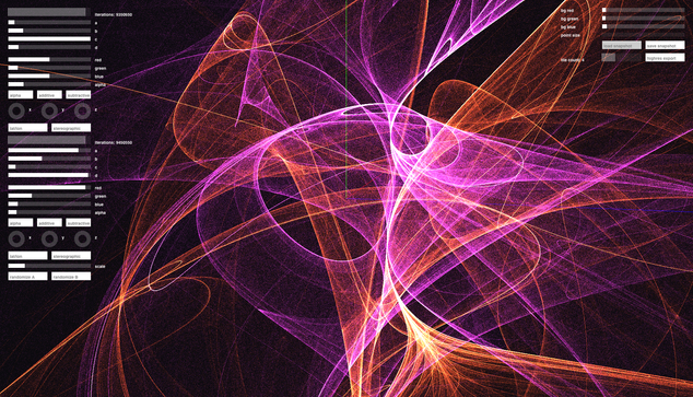 Screenshot of the identity generator app showing the strange attractor particle system (here visualized via ~19 million purple & orange blended particles). Various UI controls for design parameters, colors and render configurations are on either side of the screen