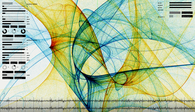 Screenshot of the identity generator app showing the strange attractor particle system (here visualized via ~9 million blue & yellowish superimposed particles). Various UI controls for design parameters, colors and render configurations are on either side of the screen
