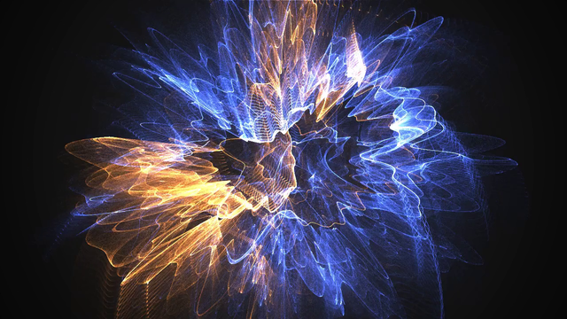 Fullscreen still of a frame from the audio-responsive particle system on black background. The sphere the particles are usually projected on is completely deformed in to wispy spikes/waveforms by the audio signal. The blue & orange particles are rendered using additive blending, creating an effect of light emanating....