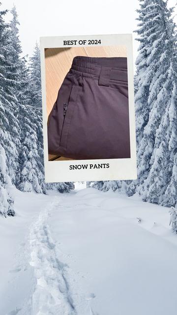 Photo of black snow pants floating over a background of snow covered trees and trail