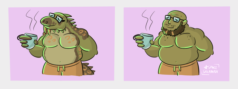 professor teo the urodelian alien salamander lizard is happily holding a warm cup of hot cocoa while in his pyjama pants, very relaxed. bottom drawing shows him as a bald beardy human!